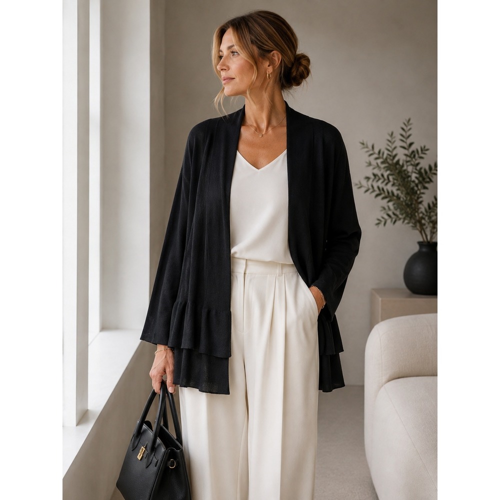 Eileen Fisher Cardigan Womens Size Large Black Ruffle Hem Open Front Minimalist